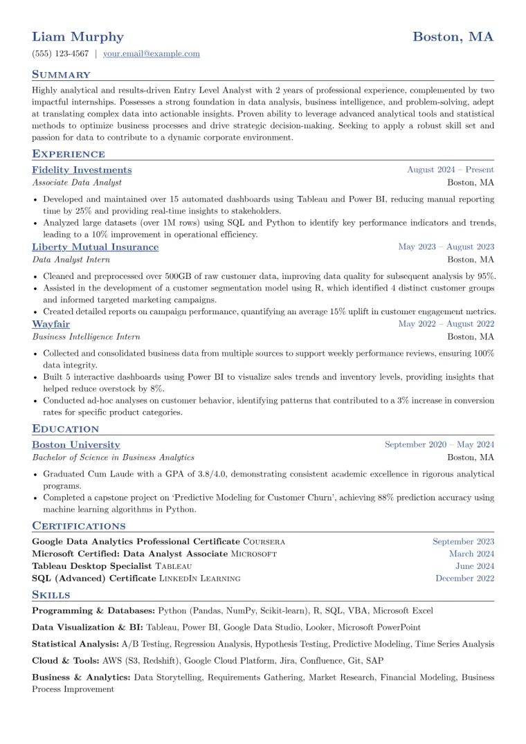 Entry Level Analyst Resume Example CV template preview