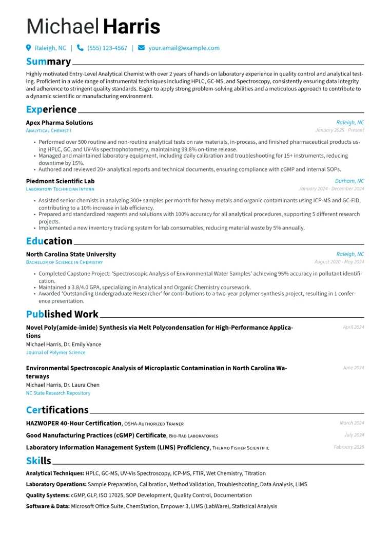 Entry-Level Analytical Chemist Resume Example preview