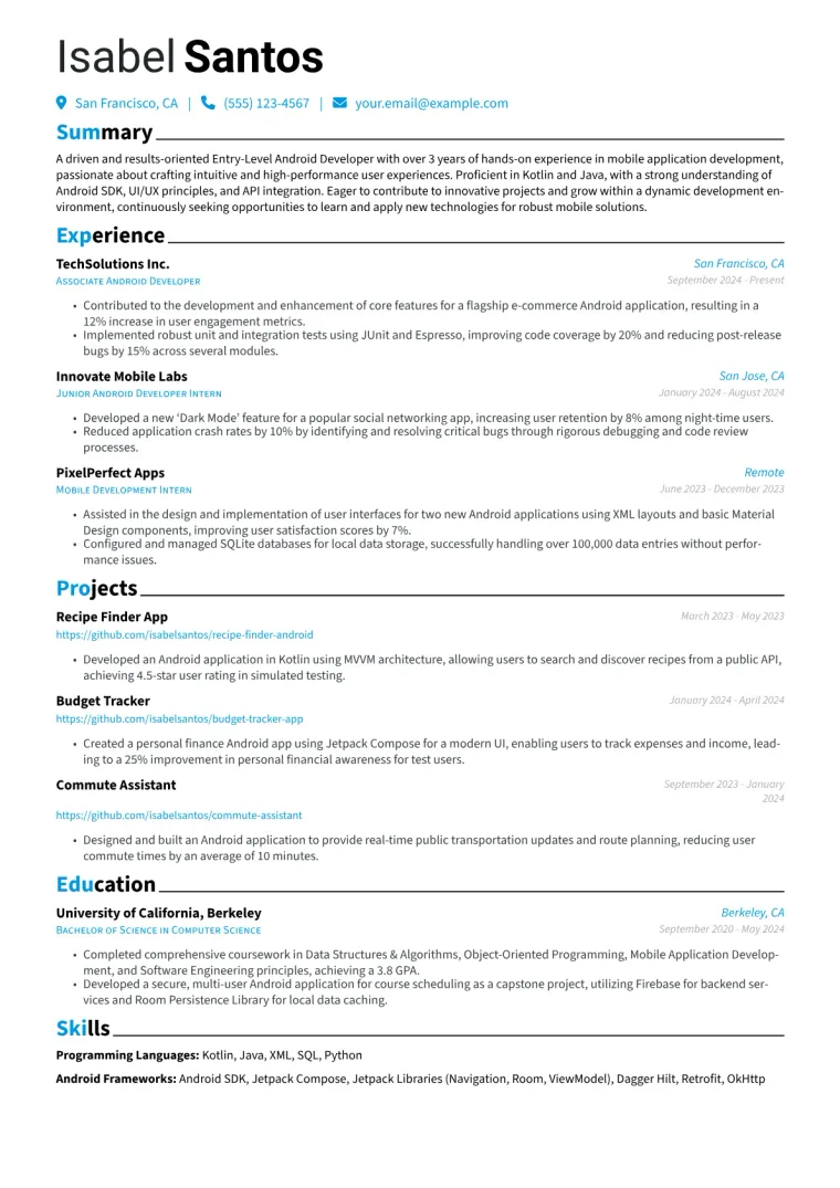 Entry-Level Android Developer Resume Example preview