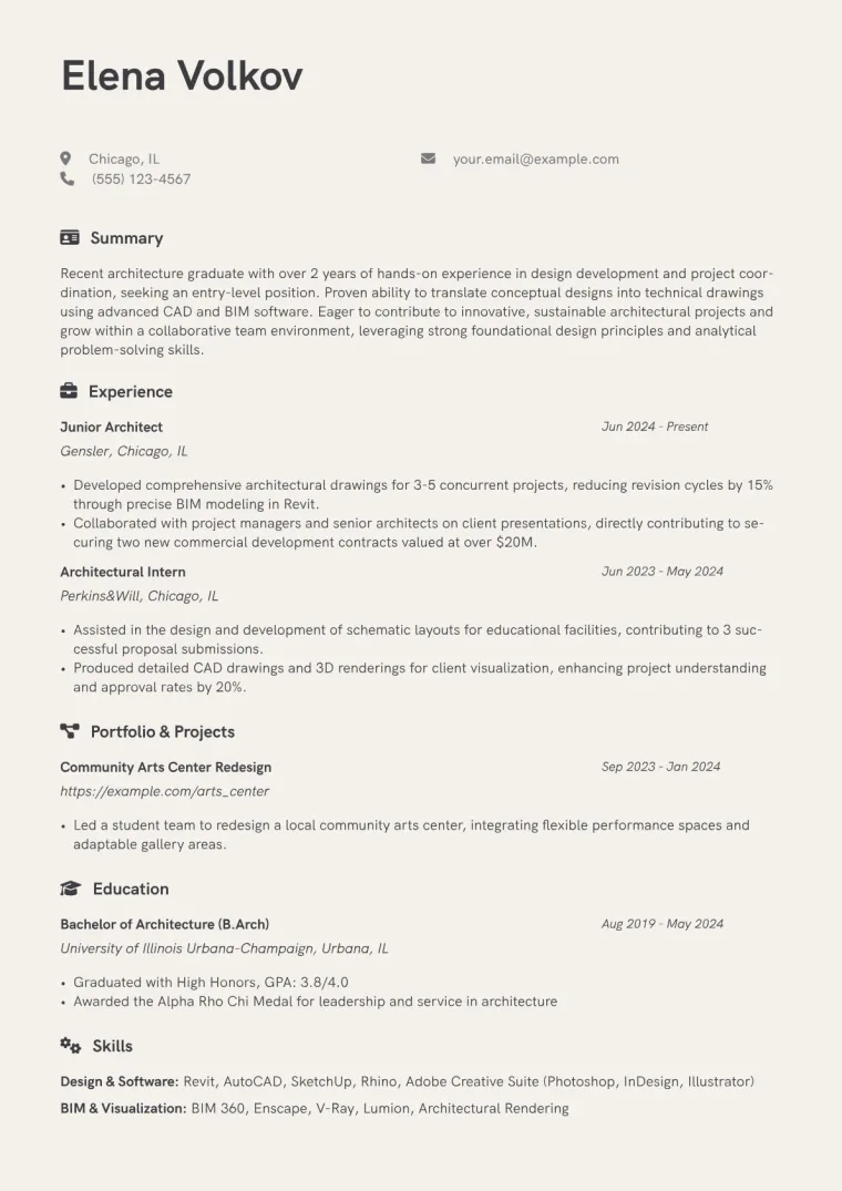 Entry Level Architect Resume Example CV template preview
