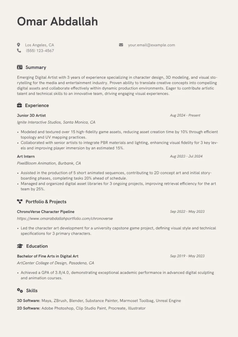 Entry-Level Artist Resume Example CV template preview