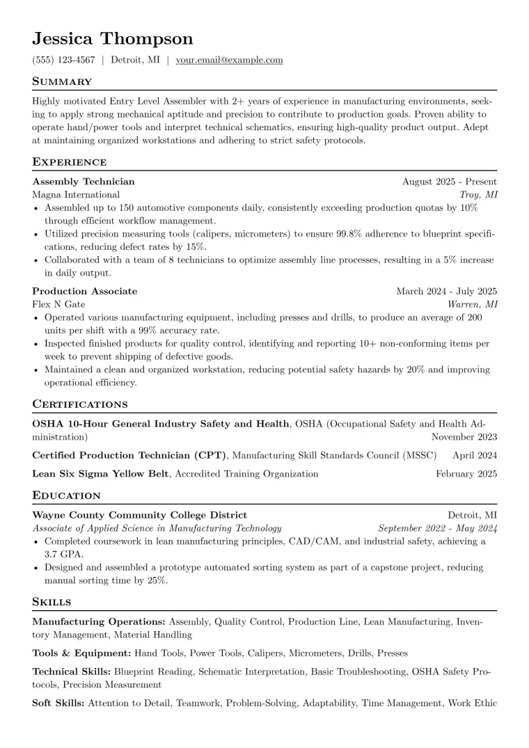 Entry Level Assembler Resume Example preview