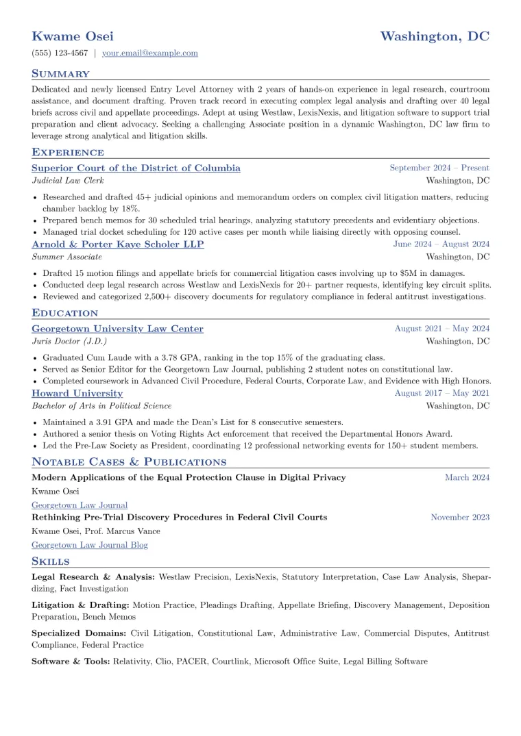 Entry Level Attorney Resume Example CV template preview