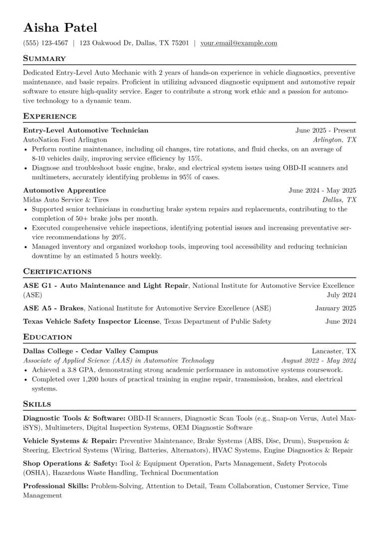 Entry-Level Auto Mechanic Resume Example CV template preview
