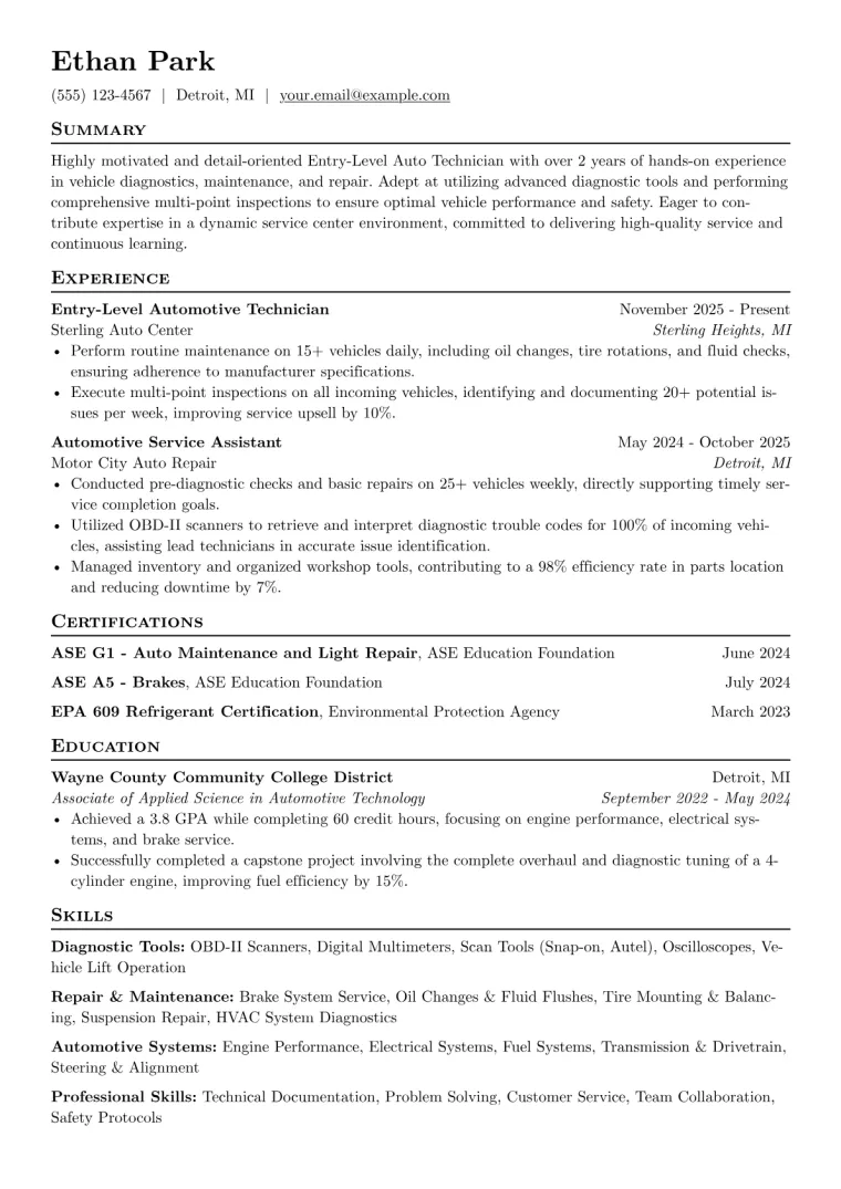 Entry-Level Auto Technician Resume Example preview