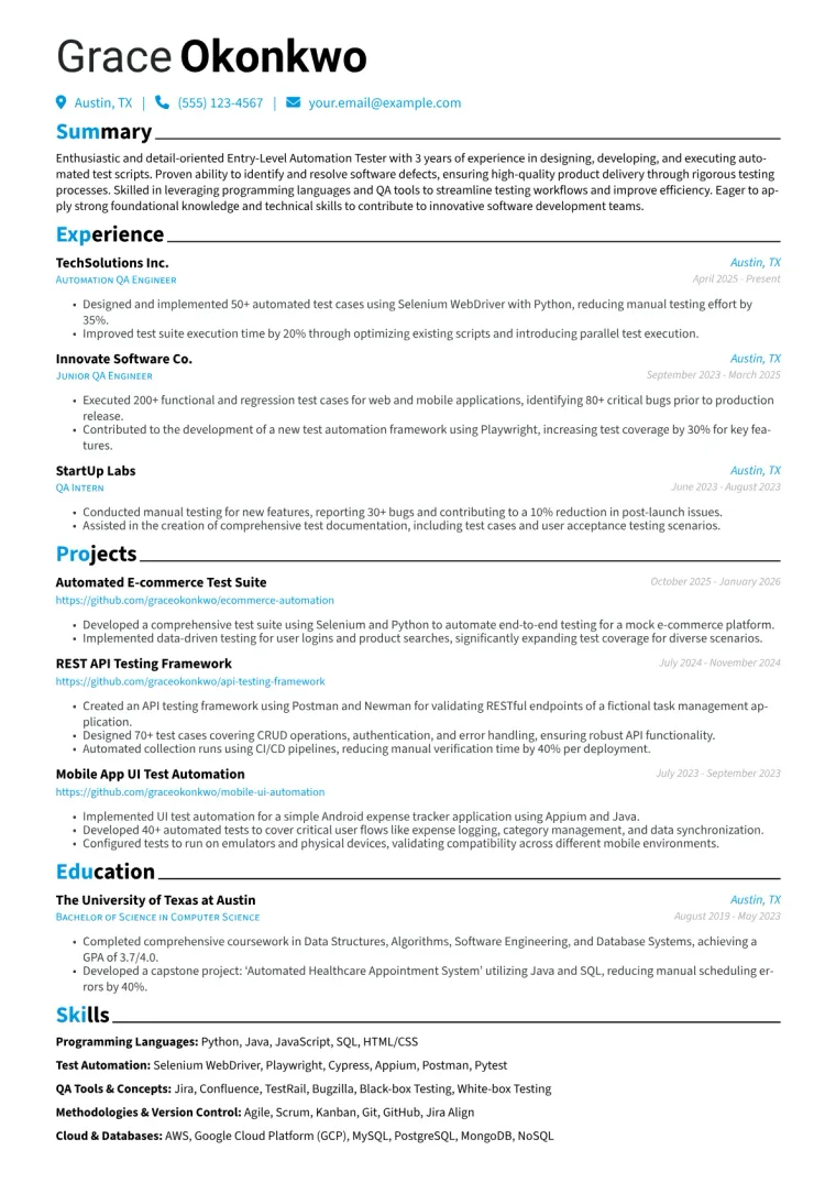 Entry-Level Automation Tester Resume Example preview