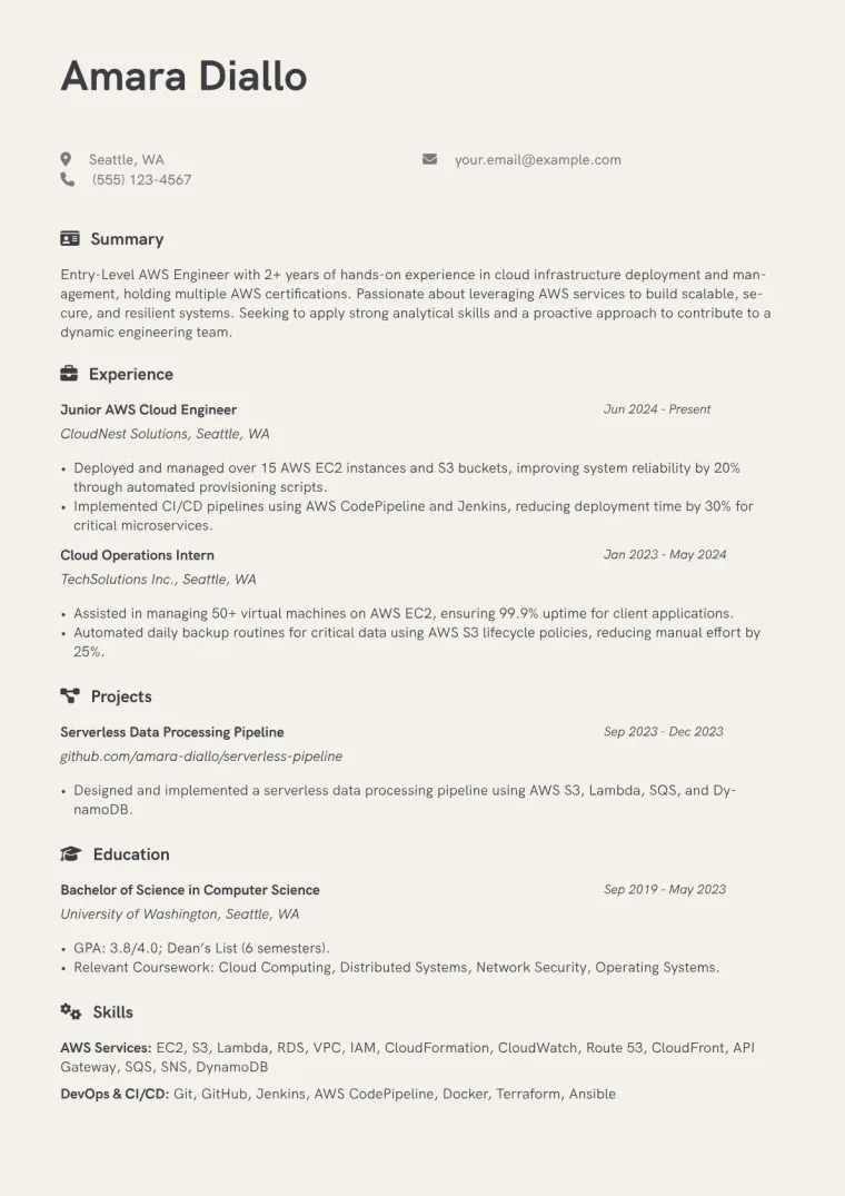 Entry-Level AWS Engineer Resume Examples & Free Template