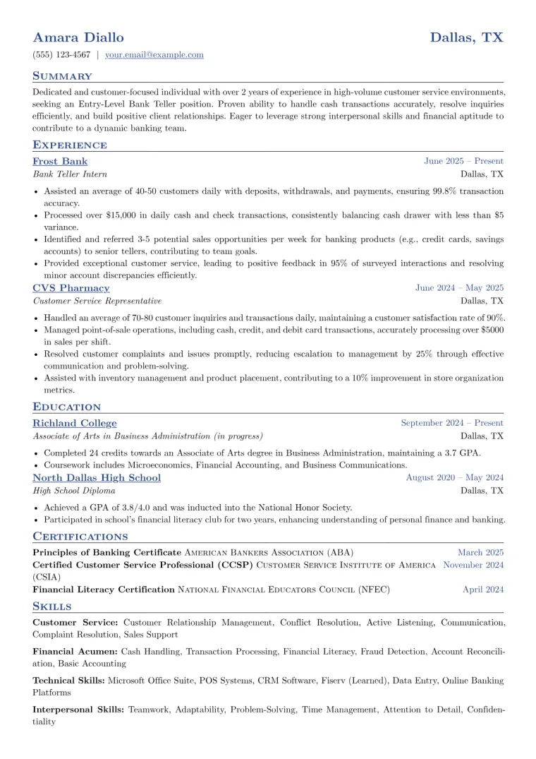 Entry-Level Bank Teller Resume Example CV template preview