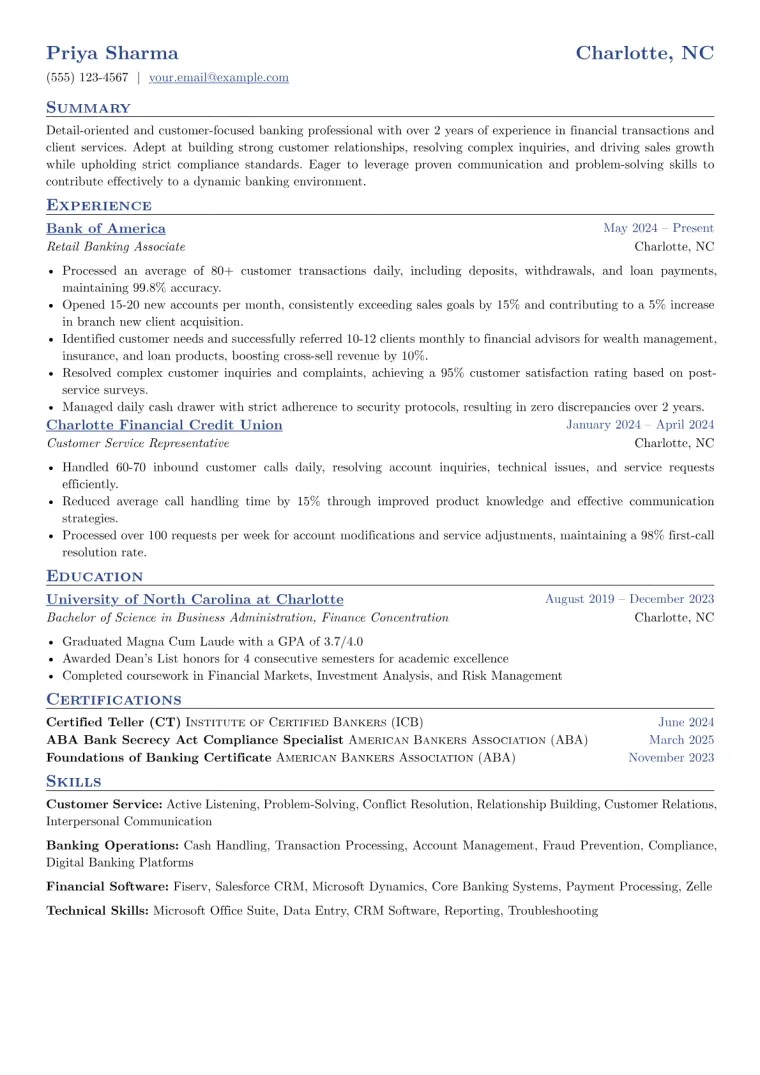 Entry-Level Banker Resume Example CV template preview