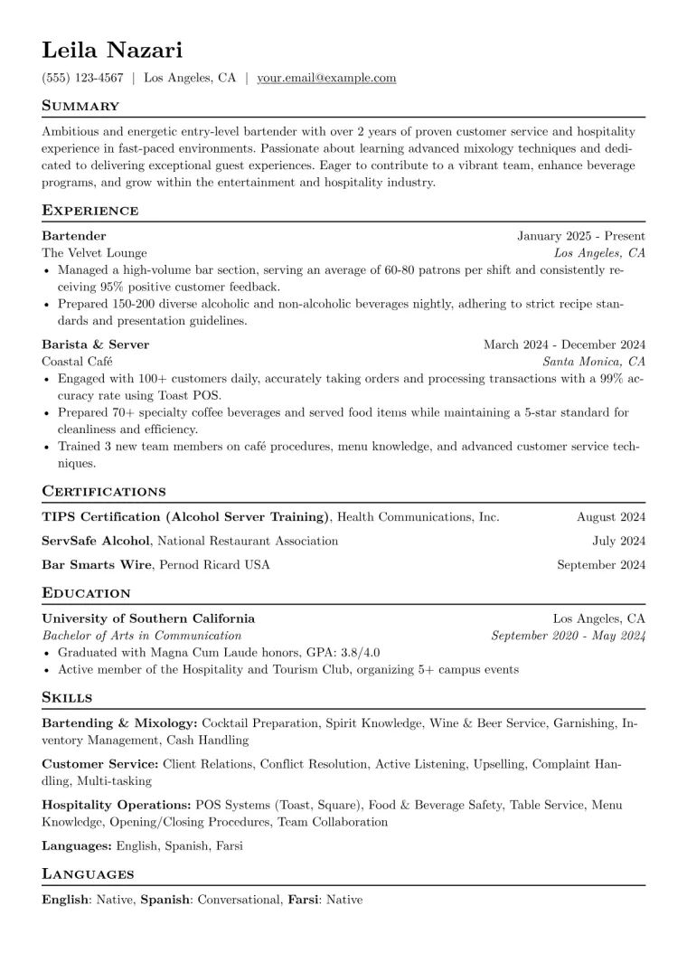 Entry-Level Bartender Resume Example CV template preview