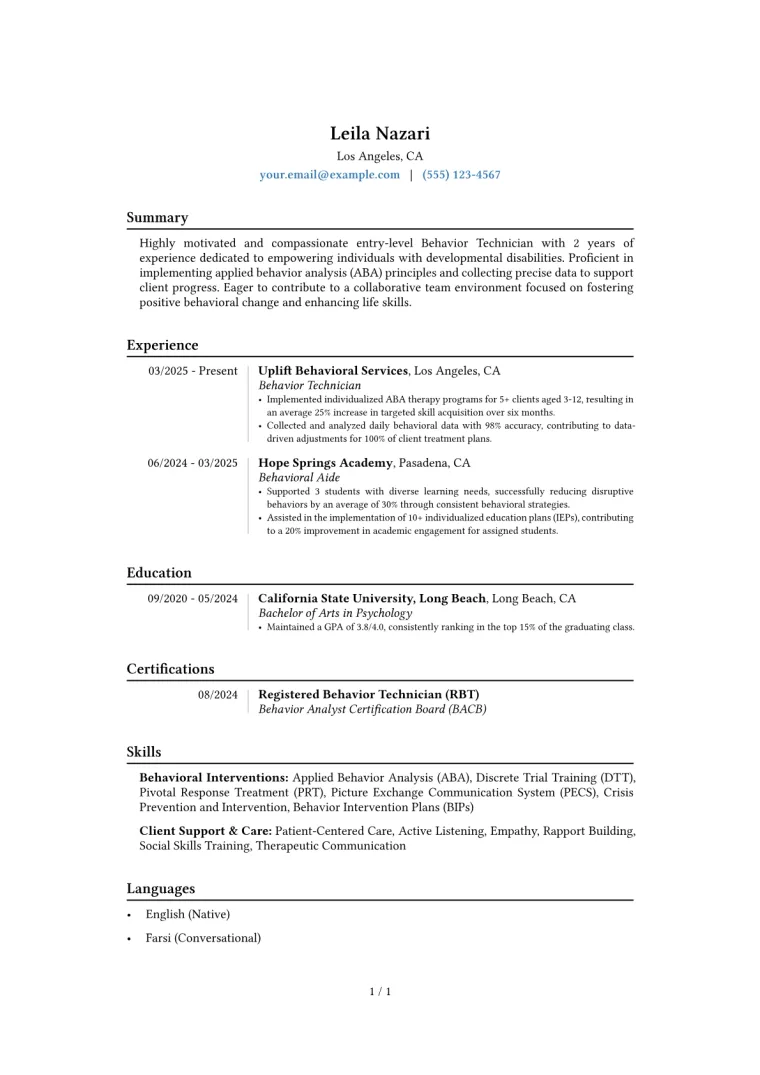Entry-Level Behavior Technician Resume Example CV template preview