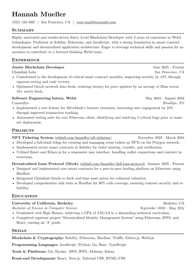 Entry Level Blockchain Developer Resume Example CV template preview