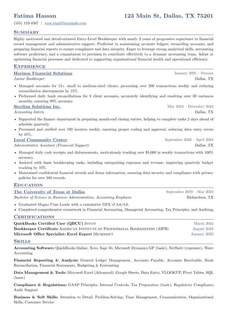 Entry-Level Bookkeeper Resume Example preview