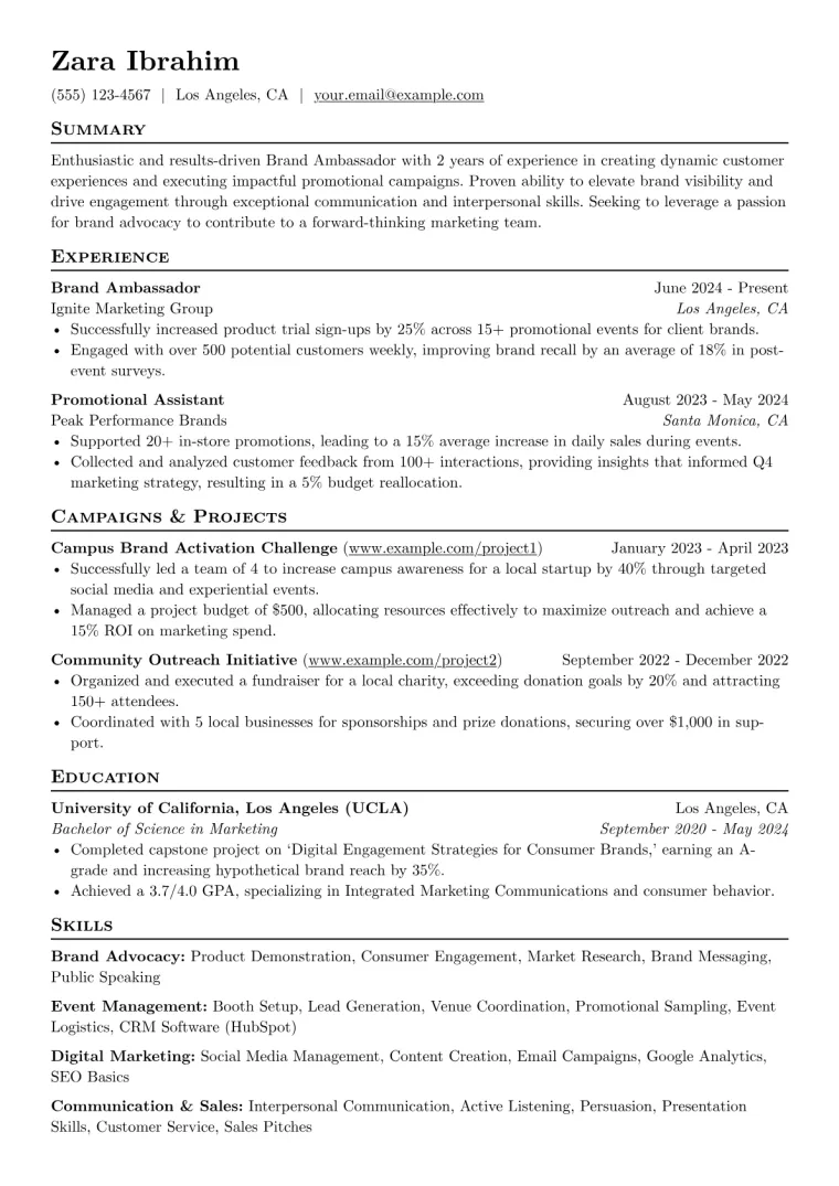 Entry-Level Brand Ambassador Resume Example CV template preview