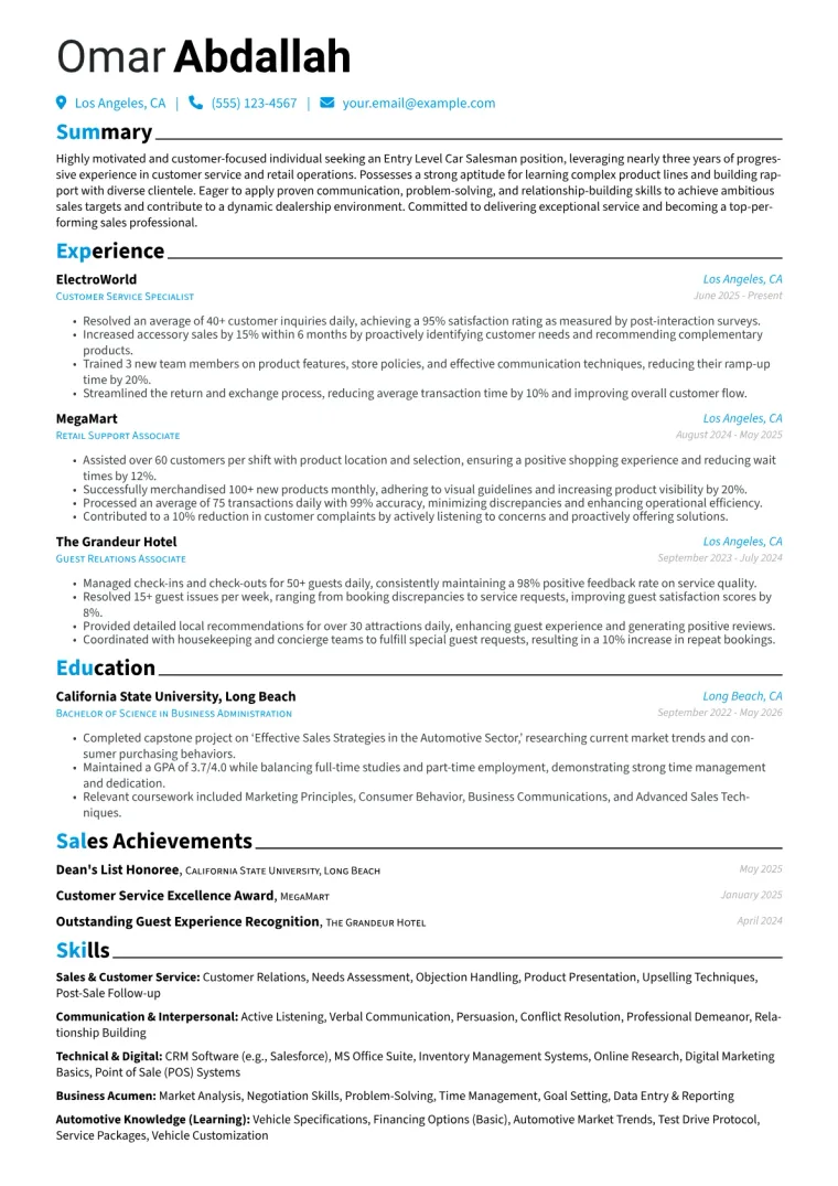 Entry Level Car Salesman Resume Example CV template preview