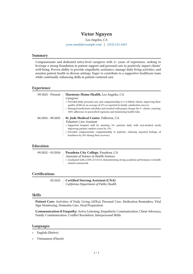 Entry Level Caregiver Resume Example CV template preview