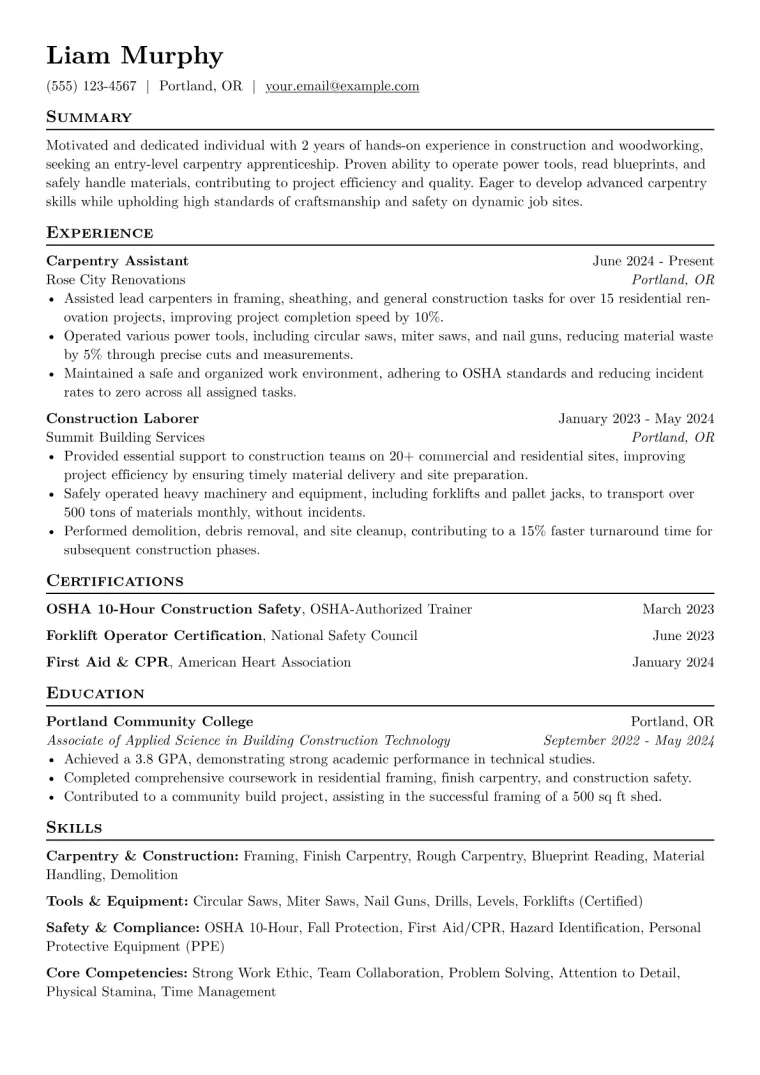 Entry-Level Carpenter Resume Example CV template preview