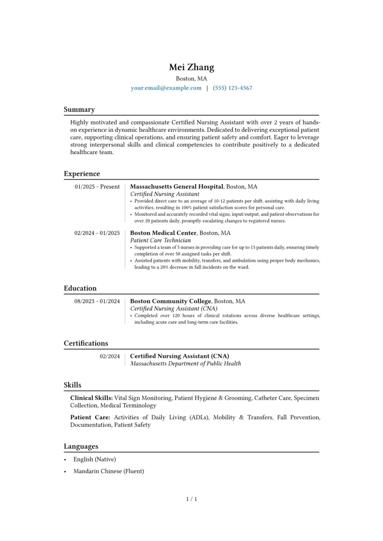 Entry-Level Certified Nursing Assistant Resume Example CV template preview