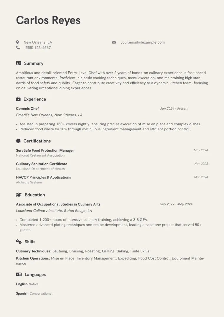 Entry-Level Chef Resume Example CV template preview