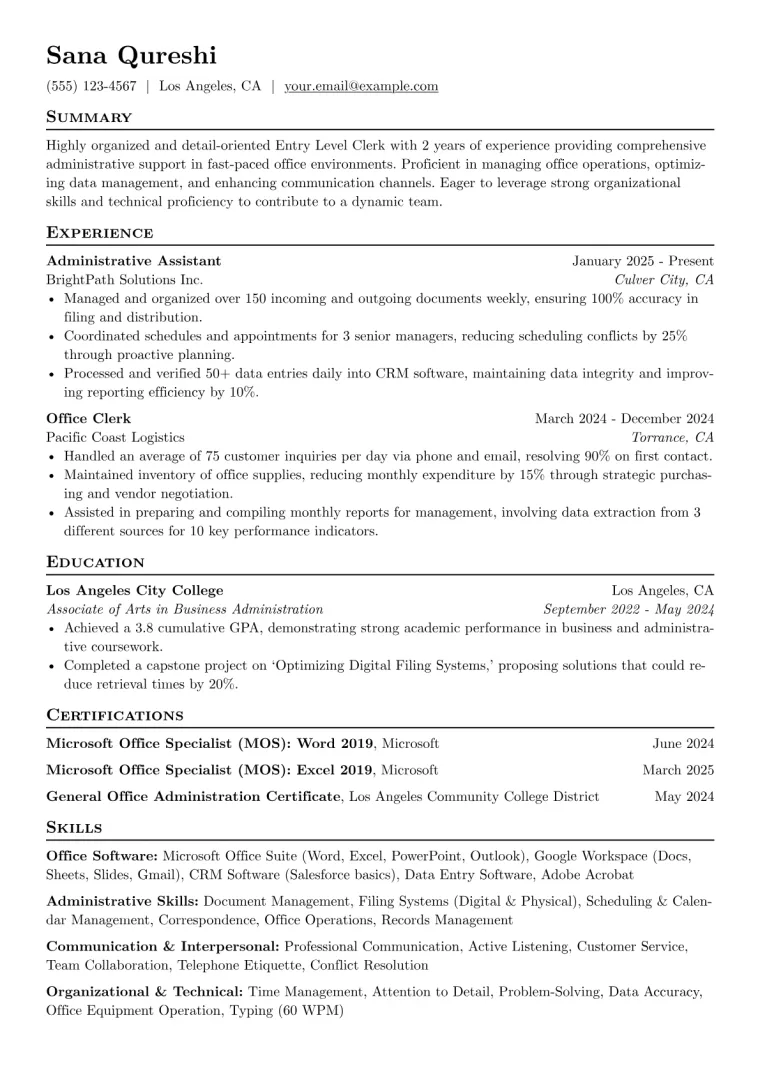 Entry Level Clerk Resume Example preview