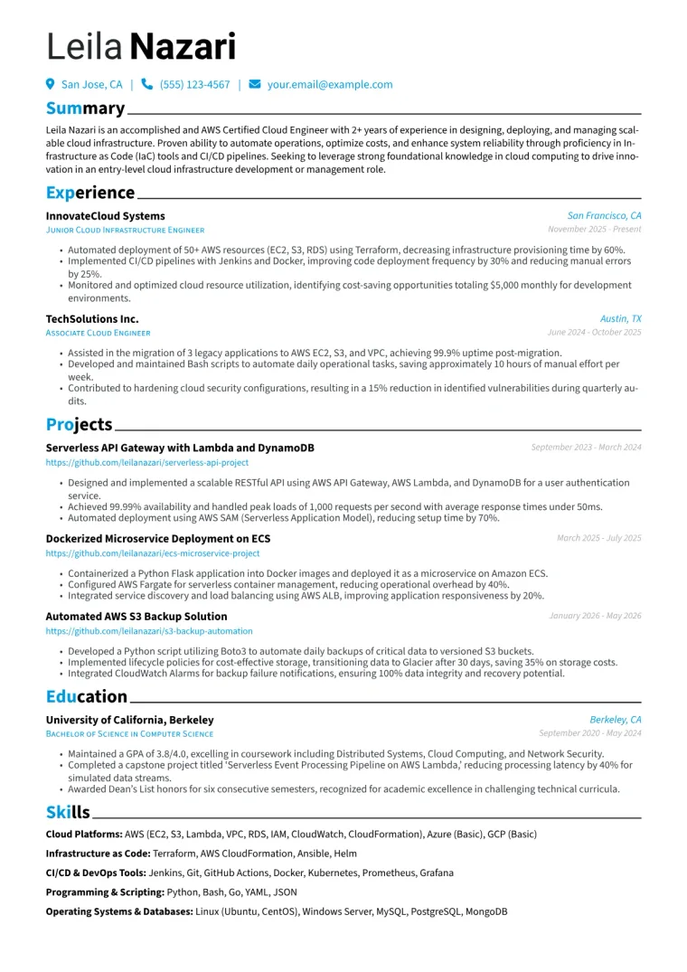 Entry-Level Cloud Engineer Resume Example CV template preview