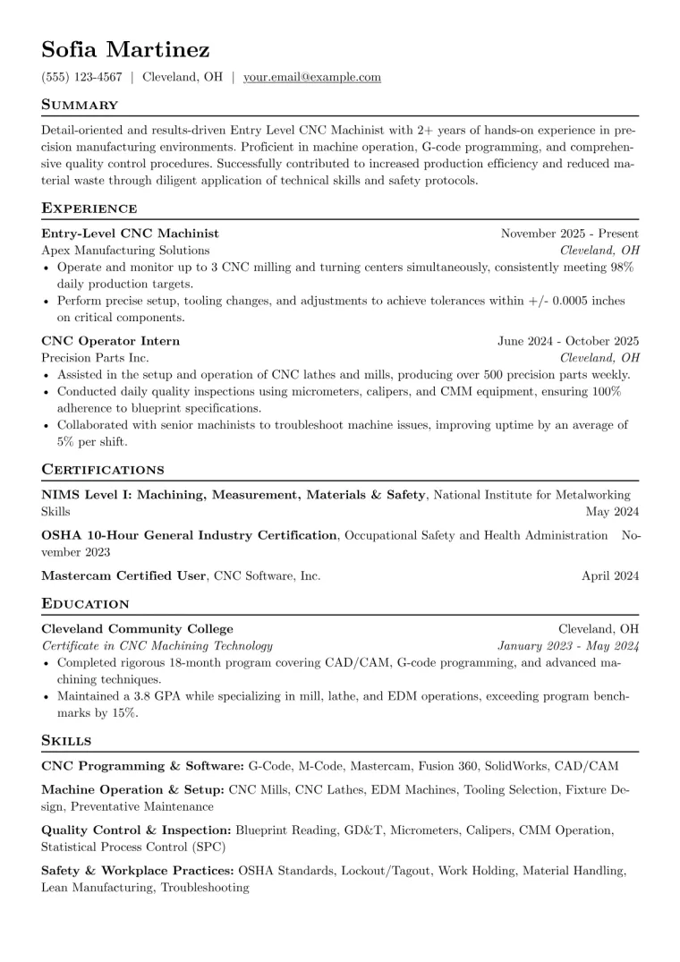 Entry Level CNC Machinist Resume Example CV template preview