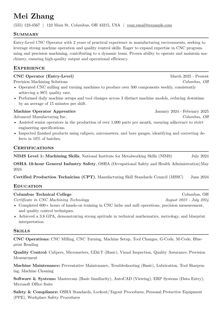 Entry Level CNC Operator Resume Example preview
