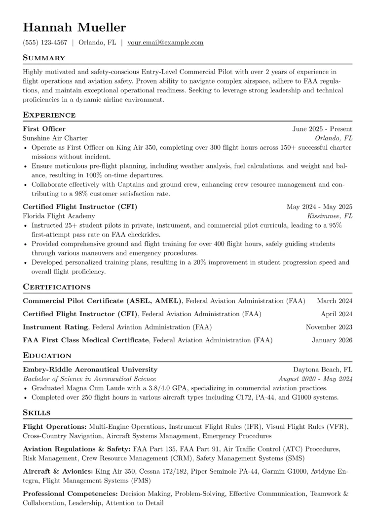 Entry-Level Commercial Pilot Resume Example CV template preview