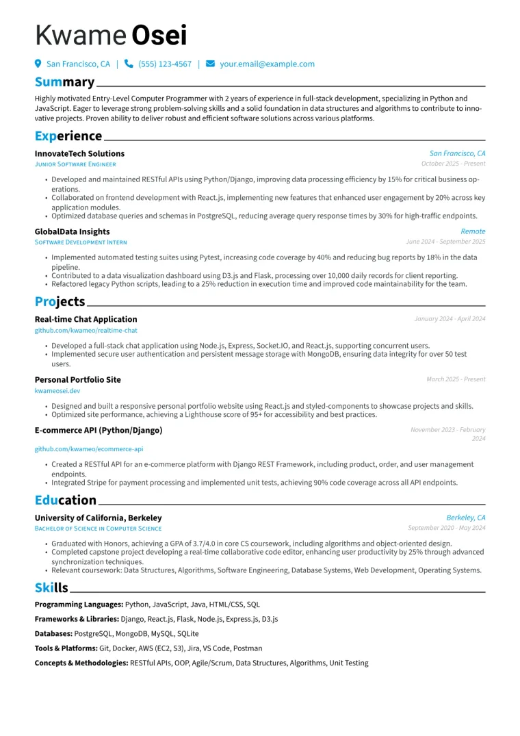 Entry-Level Computer Programmer Resume Example CV template preview