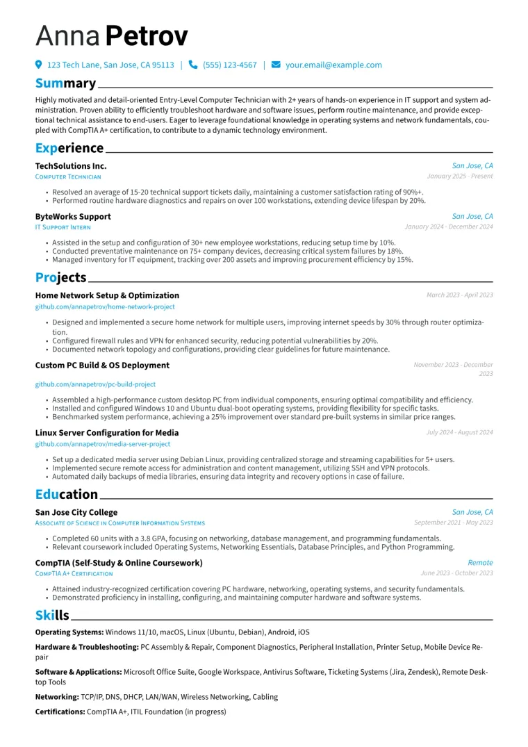 Entry-Level Computer Technician Resume Example CV template preview