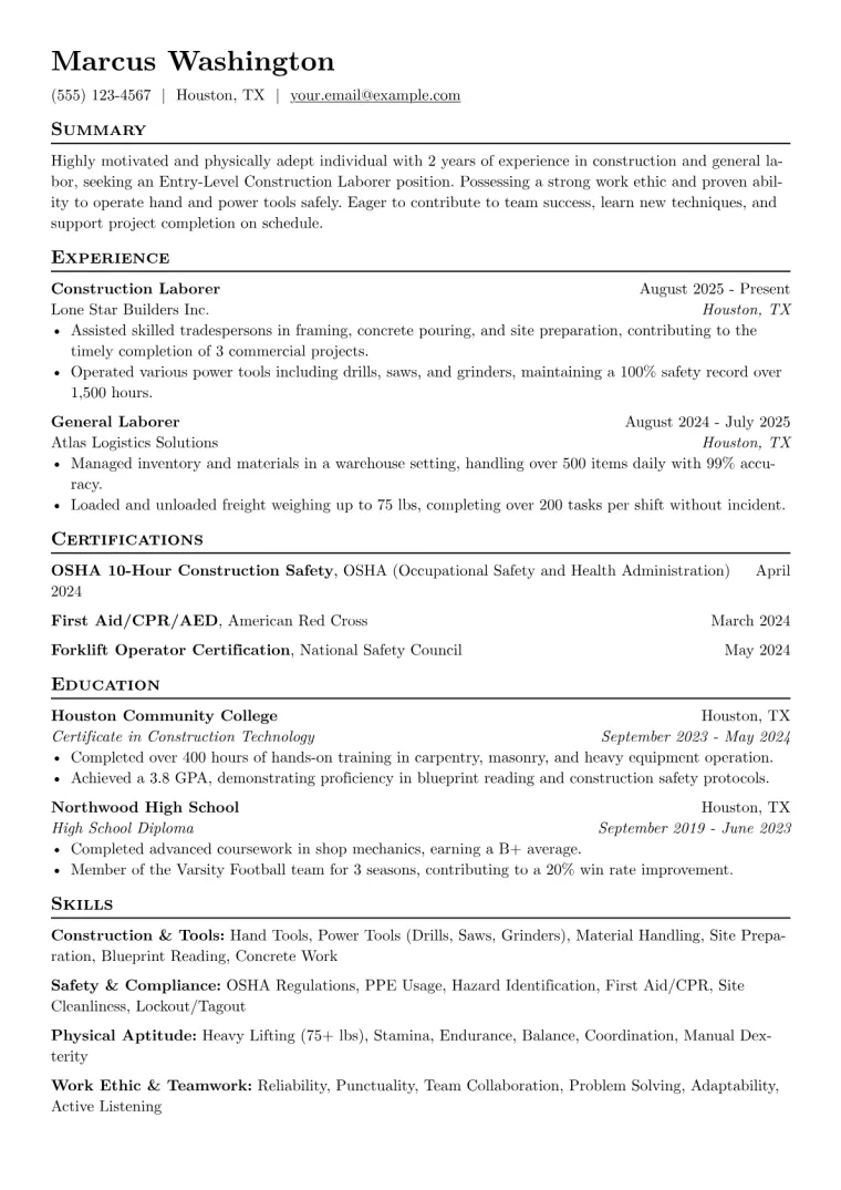 Entry-Level Construction Laborer Resume Example preview