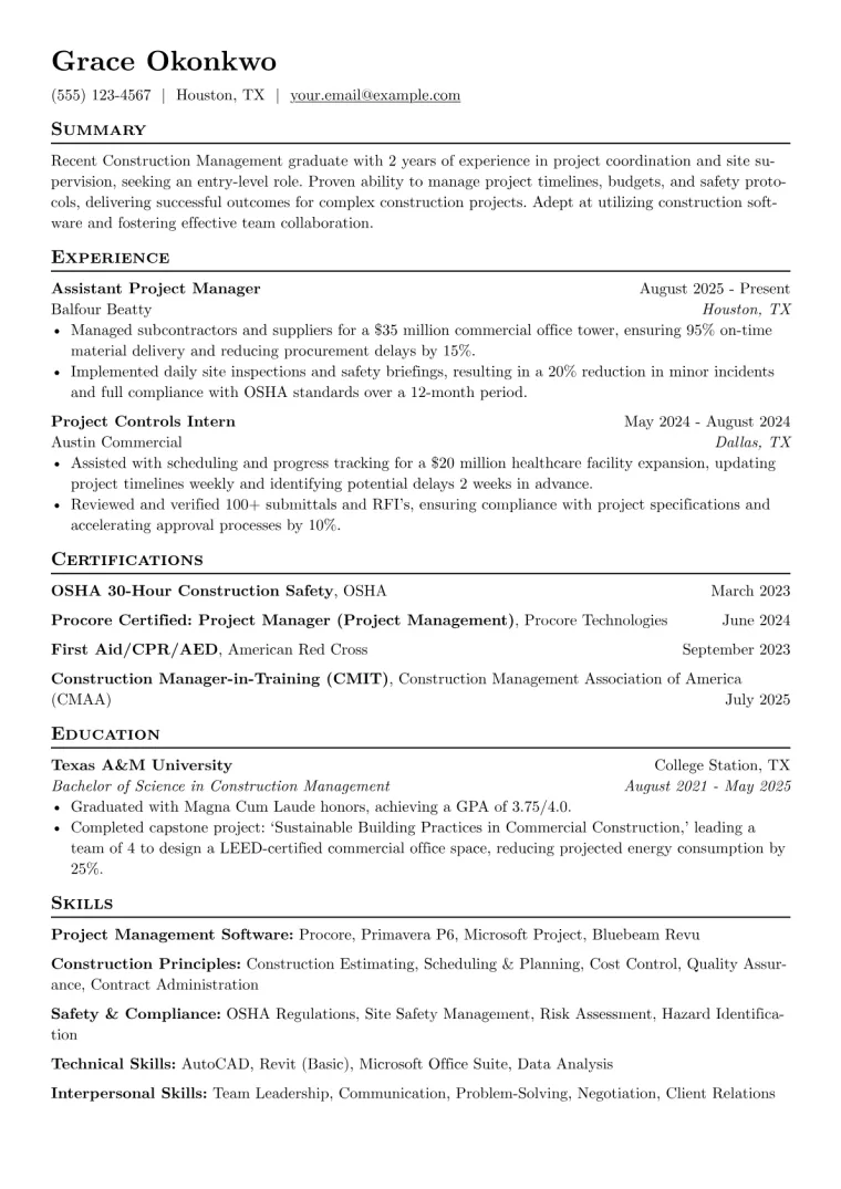 Entry-Level Construction Manager Resume Example CV template preview