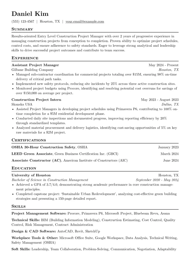 Entry Level Construction Project Manager Resume Example CV template preview