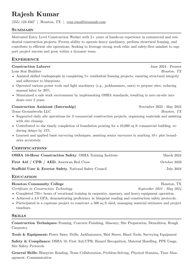 Entry Level Construction Worker Resume Example CV template preview