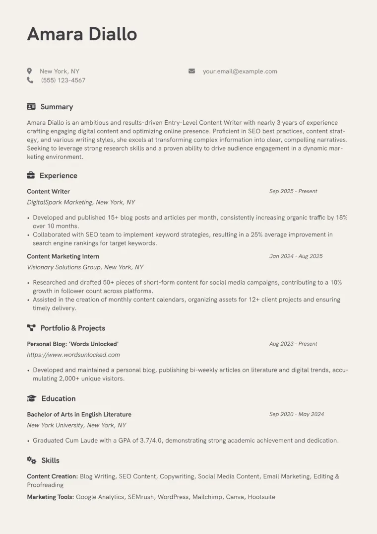 Entry-Level Content Writer Resume Example preview