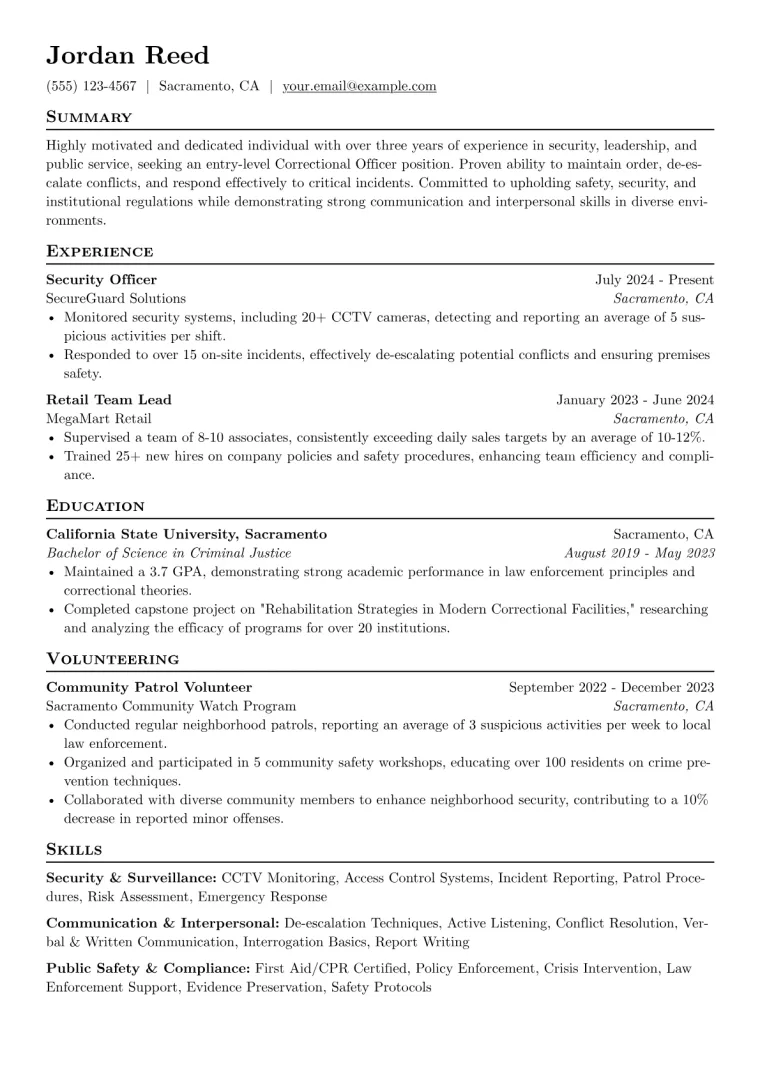 Entry-Level Correctional Officer Resume Example CV template preview