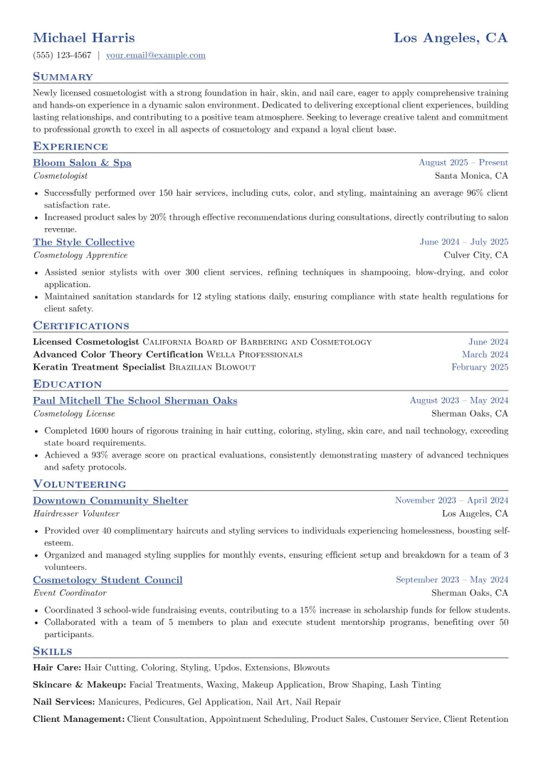 Entry Level Cosmetologist Resume Example preview