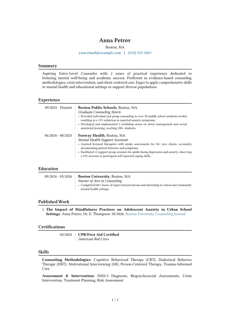 Entry-Level Counselor Resume Example CV template preview