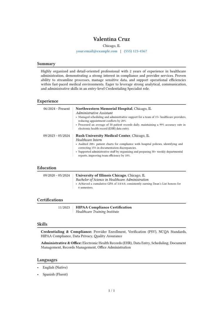Entry-Level Credentialing Specialist Resume Example CV template preview