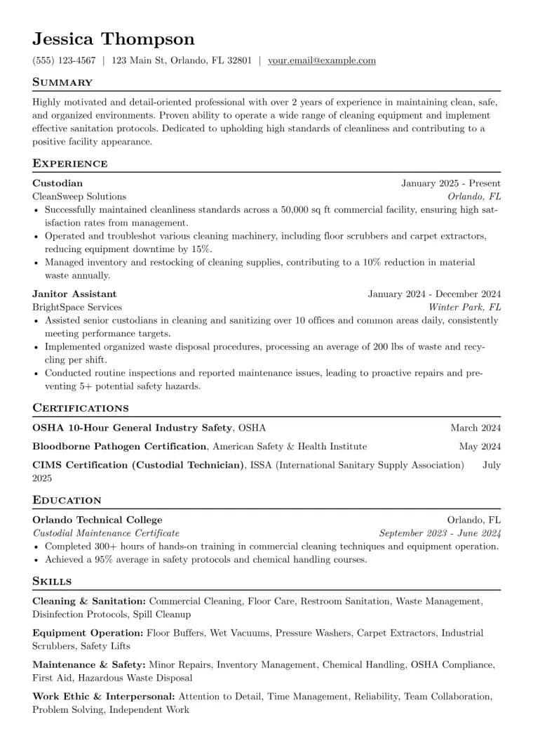 Entry Level Custodian Resume Example CV template preview