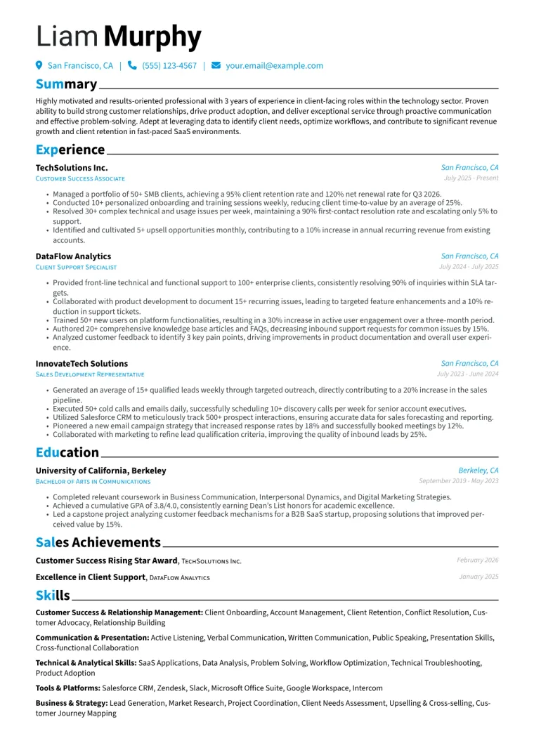 Entry Level Customer Success Manager Resume Example CV template preview