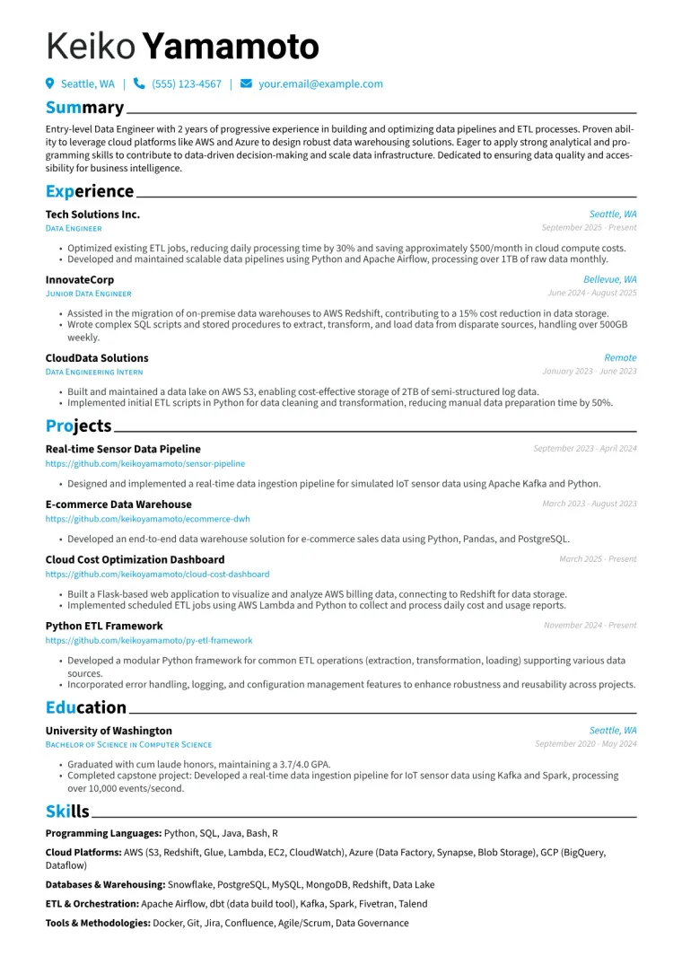 Entry-Level Data Engineer Resume Example CV template preview