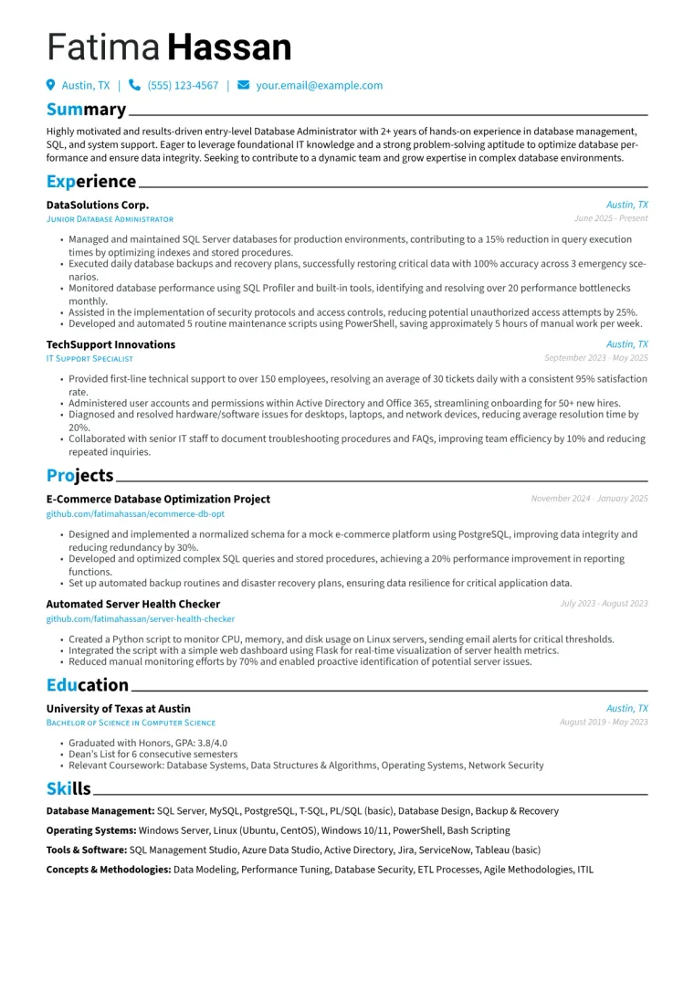 Entry-Level Database Administrator Resume Example CV template preview