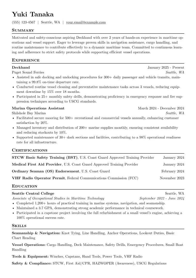 Entry Level Deckhand Resume Example CV template preview