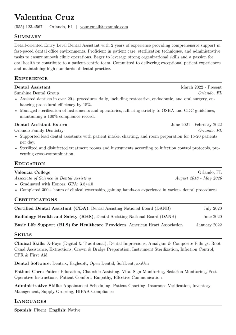Entry Level Dental Assistant Resume Example CV template preview
