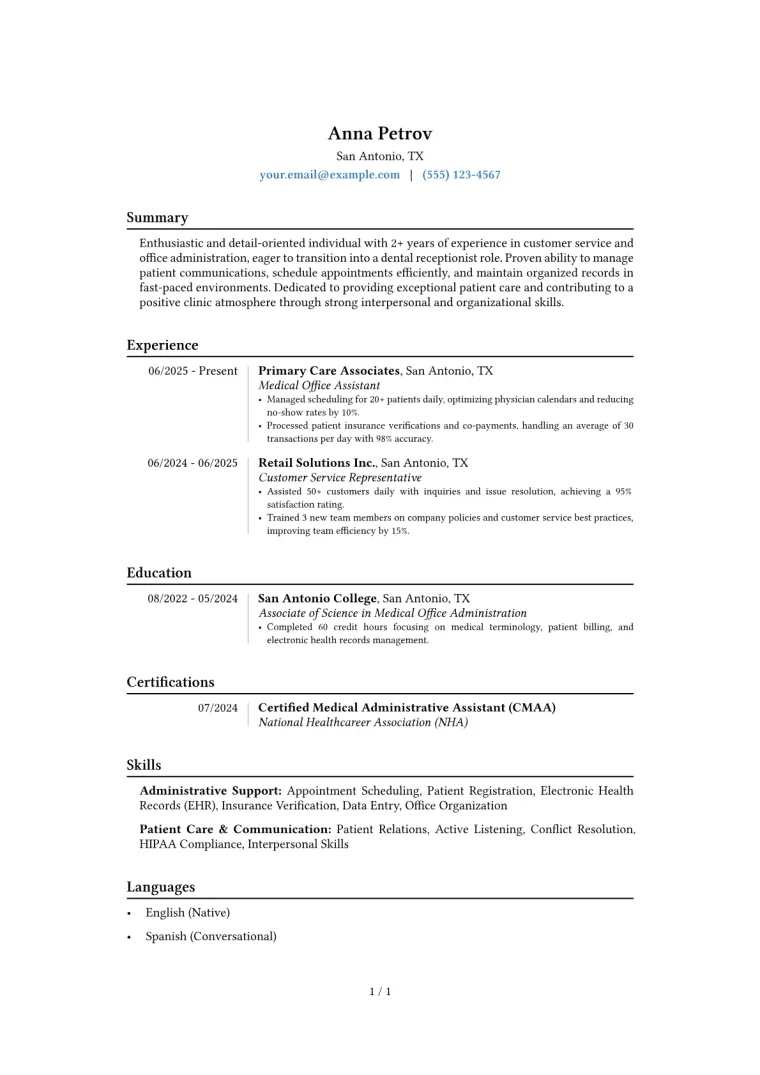 Entry-Level Dental Receptionist Resume Example CV template preview