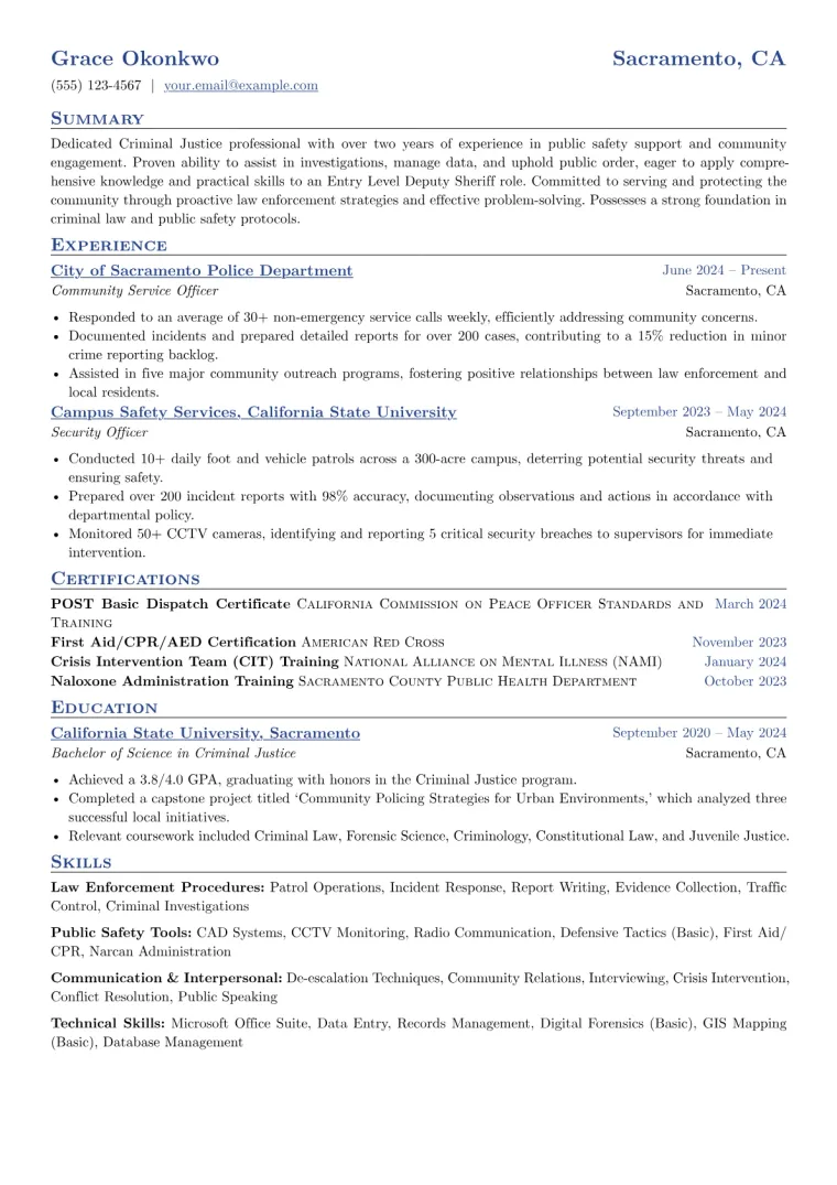 Entry Level Deputy Sheriff Resume Example preview