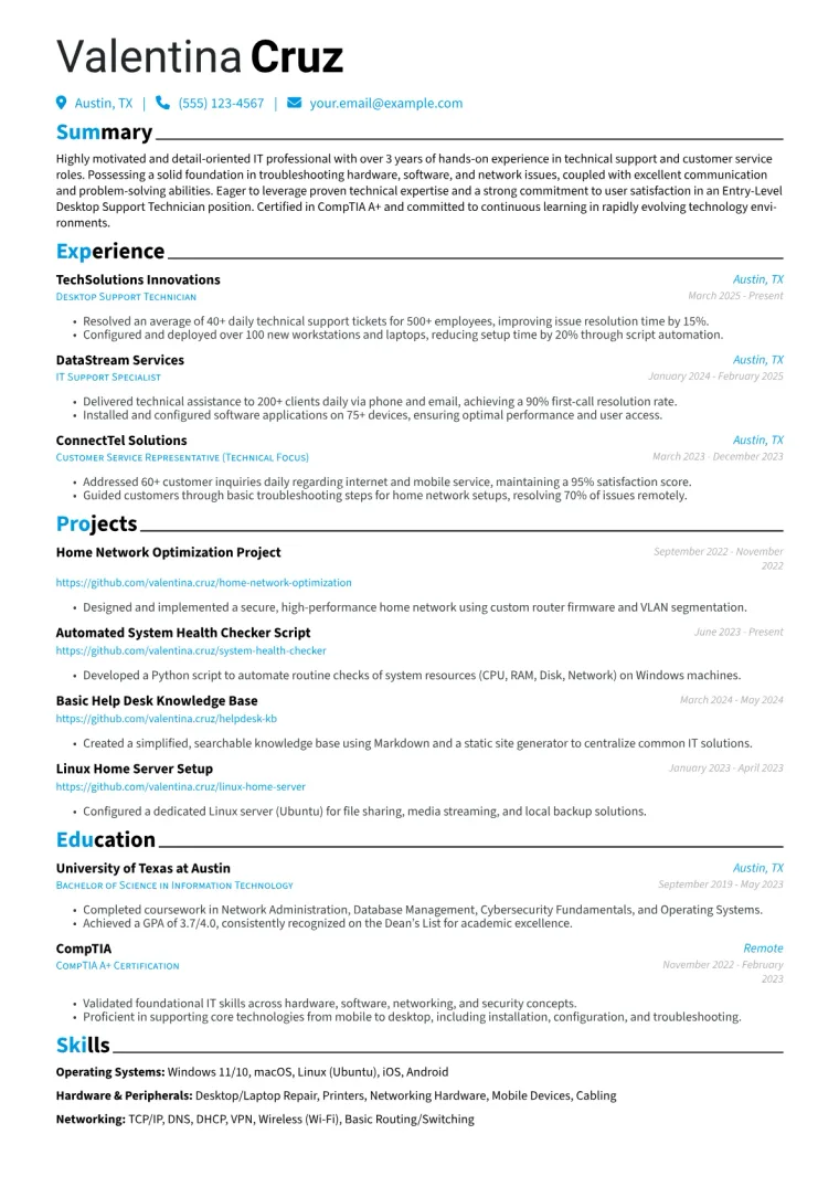 Entry-Level Desktop Support Technician Resume Example CV template preview