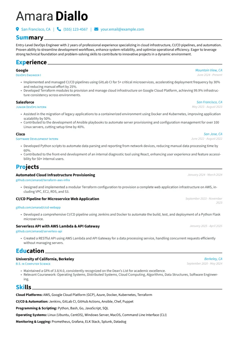 Entry-Level DevOps Engineer Resume Example CV template preview
