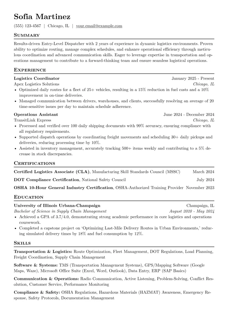 Entry-Level Dispatcher Resume Example preview